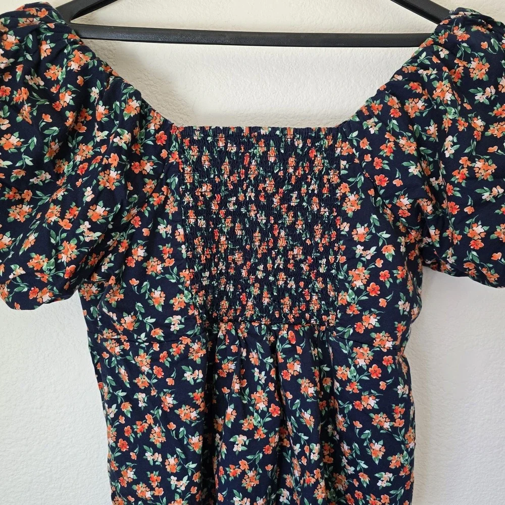 Old Navy Waist Defined Puff Sleeve Blouse Orange‎ Floral Ditsy Smock Women Large